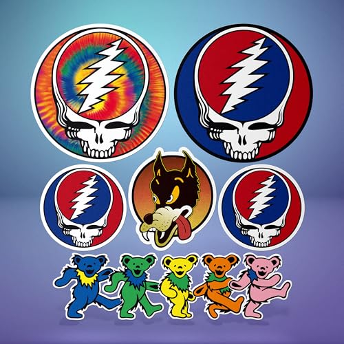 Grateful Dead Stickers – 6-Piece Vinyl Decal Pack with Steal Your Face, Tie Dye Edition & Dancing Bears Decal, Waterproof Merch for Laptops, Cars & More