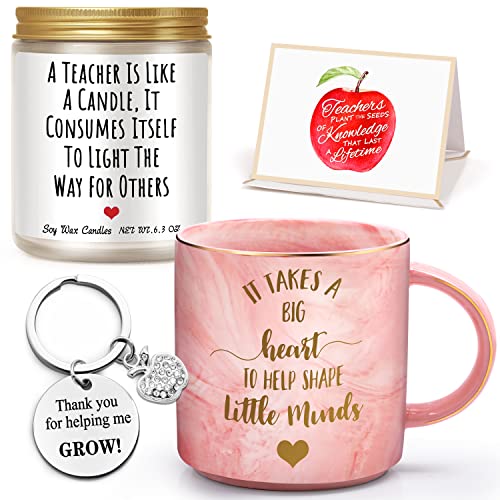 Teacher Gifts Thank You Gifts Basket for Women Teacher Appreciation Gifts Sets from Student Best Teacher Gifts Big Heart Pink Coffee Mug Graduation Gifts Cups Keychain Candle Gifts for Teachers Women