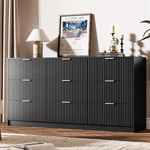 MAISONARIA Black Dresser for Bedroom, 9 Drawer Double Dresser, Modern Chest of Drawers for Bedroom,...