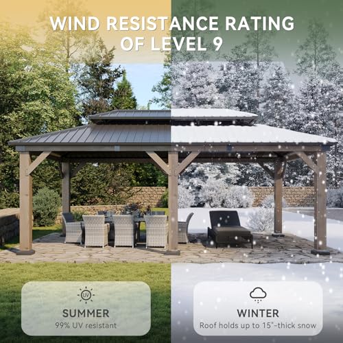 Image of Aoxun 12' x 20' Outdoor Wood Gazebo, Hardtop Gazebo Permanent Wooden Pavilion with Galvanized Steel Double Roof, and LED Outdoor Waterproof Hanging Lights, for Patio, Garden, Deck, Cedar Wood