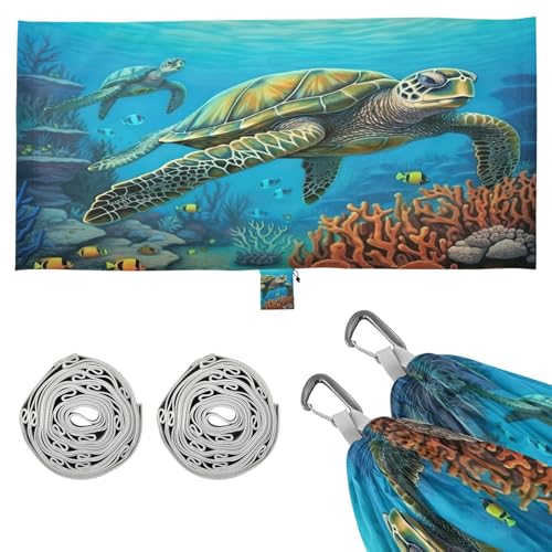 Haskirky Green Sea Turtle Camping Hammock, Single Portable Hammocks with Tree Straps & Attached Carry Bag, 330Lbs Capacity Perfect for Outside Indoor Hiking Beach Backpack Travel
