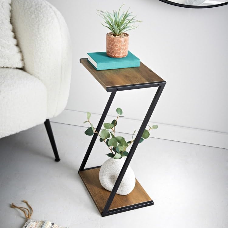 FAHAAM 2 Tier Side Table with Metal Frame & Wooden Top, Industrial Style Side Table, Nesting Tables, Bedside Tables, Wooden Shelving Unit, Sofa Tea Table, End Table for Living Room. (Brown)