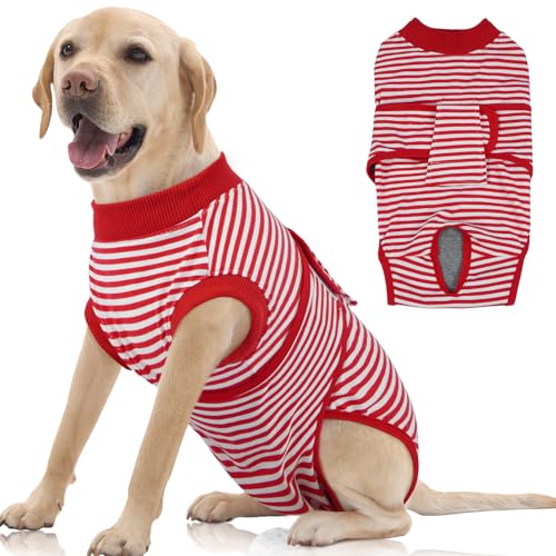FUAMEY Dog Recovery Suit Male,Dogs Surgery Neuter Suits Puppy Spay Shirts for Female Protect Dog's Skin Anti Licking Abdominal Wounds Doggie Onesie Pet Bodysuit Alternative to Cone Red Stripes XL