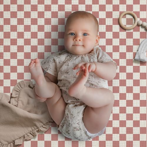 Image of Blissful Diary Muslin Crib Sheets, 2 Pack, Dusty Pink Checkboard & Pink | fitted for 52''x28'' crib mattress, soft and breathable cotton, boho style, easy care for machine wash, gift for boy and girl