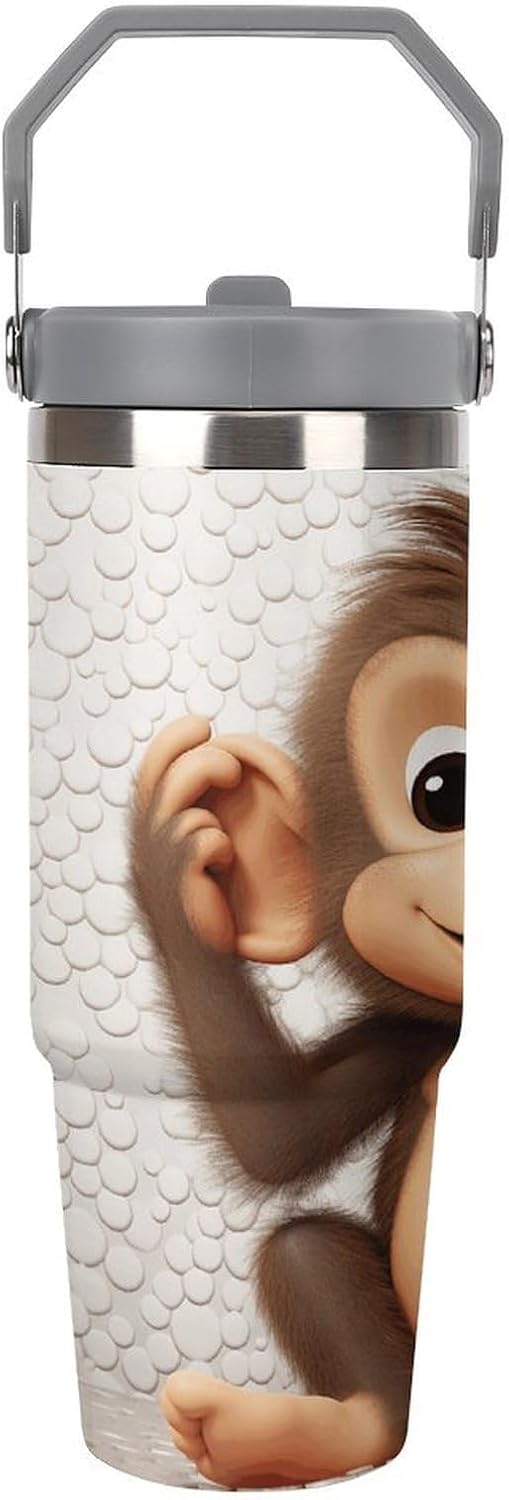 Cute Monkey Water Bottle 30 Oz Fits Car Cup Holder,Insulated Coffee Mug Large Capacity Car Cups,Stainless Steel Double Wall Sport Bottle for Travel Sports Gym