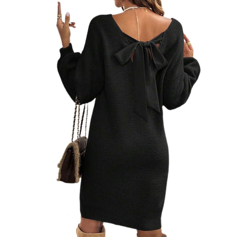 Womens Sweater Dress Bow Long Sleeve Cute Pullover Knit V-Neck Dress