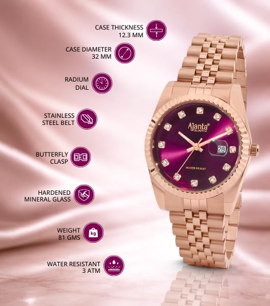 Image of Ajanta Quartz Avenza Women Analog Watch| Stainless Steel Bracelet Strap | Day & Date Display | Water Resistant | Formal & Casual Wrist Watch for Women