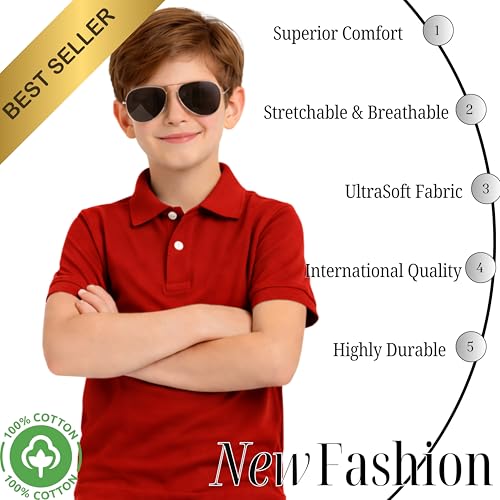 Image of Kids Boys Polo T-Shirt | Half Sleeves | Organic Cotton Rich Bio-Wash Fabric | Ultra Soft & Breathable | Regular Fit | Plain Solid Colour Casual Wear & School Uniform