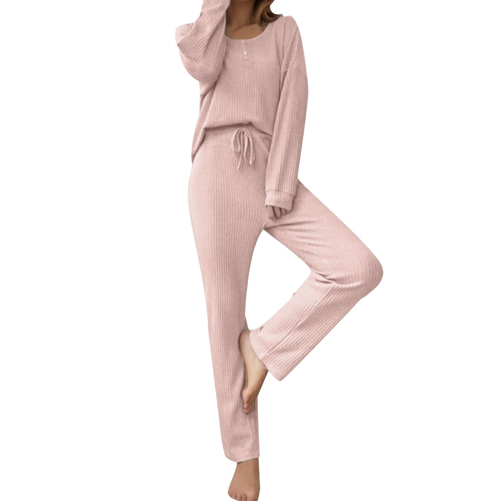 BuoloWomens 2 Piece Outfits Long Sleeve Knit Sweater Women's Solid Color Home Wear Knit Long Pants Pajama Set Dark Pant Suit