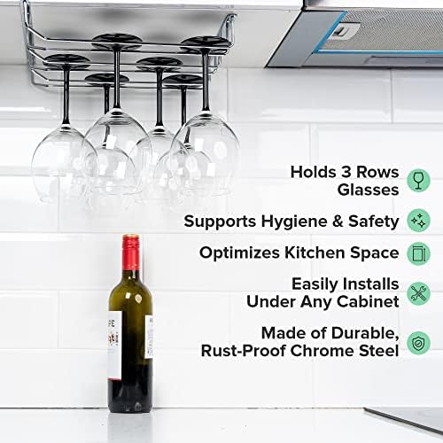 Copa 3-Rail Hanging Wine Glass Rack - A 3-Row Wine Glass Holder Kitchen Optimizer - Glass Hanging Rack for Easy Install Under Cupboards - Great as Glass Holders for Bar & Wine Glass Holders at Home