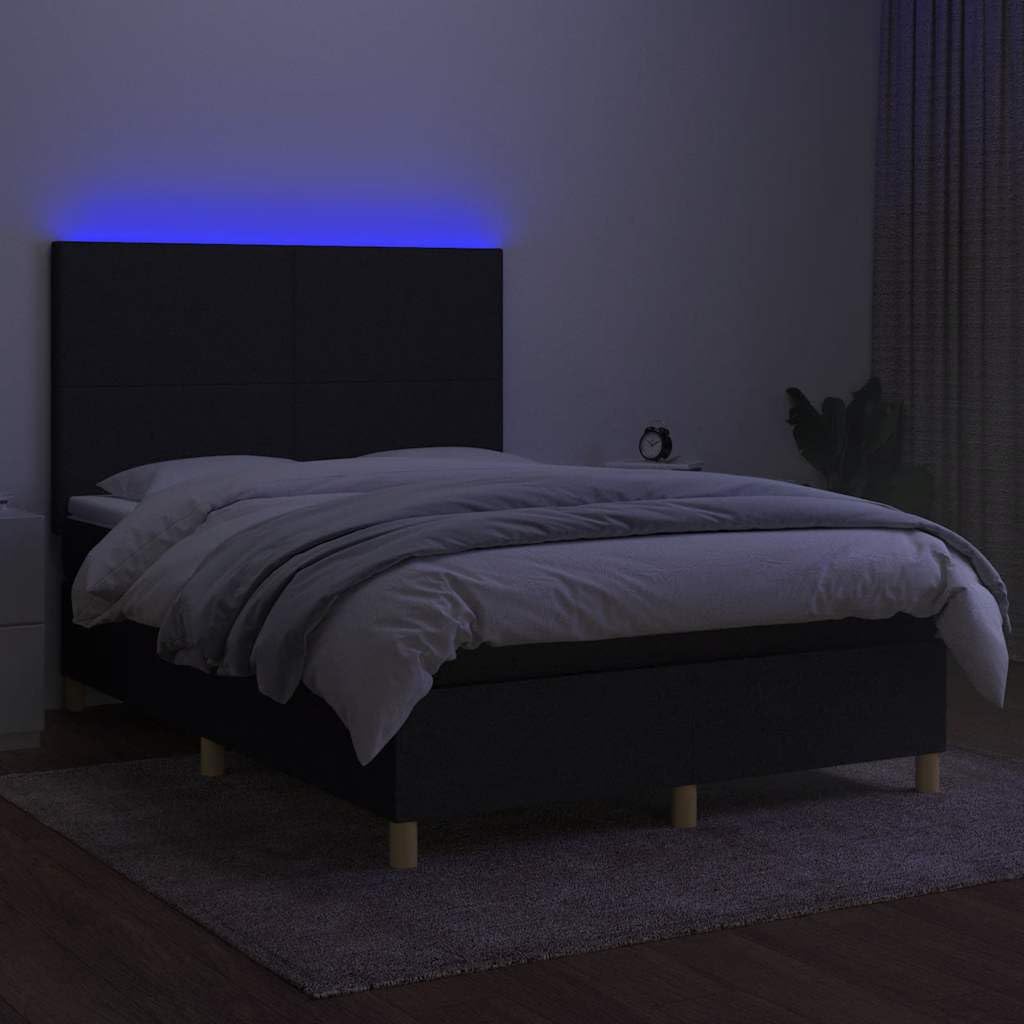 Tkanina z regulowanym zagłówkiem LED 140x200 cm Czarny | Łóżko kontynentalne z materacem 140x200 czarne z zagłówkiem LED do sypialni, tapicerowane, ze sprężynami kieszeniowymi