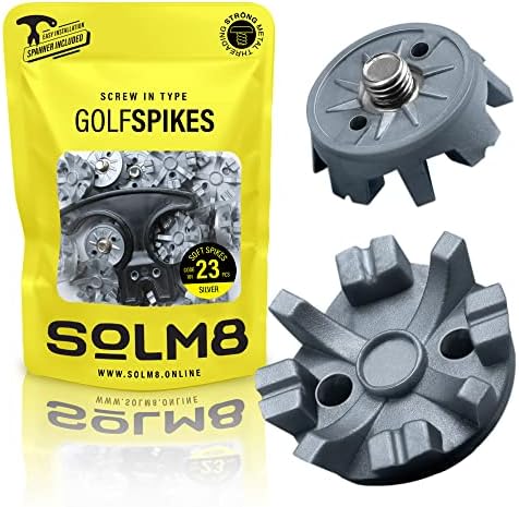 SOLM8 - Screw in Spikes Replacement for Golf Shoes & Cricket Spikes, Easy to Install Metal Threading Screw Size ¼ Inch (23 Count + 1 Spanner)