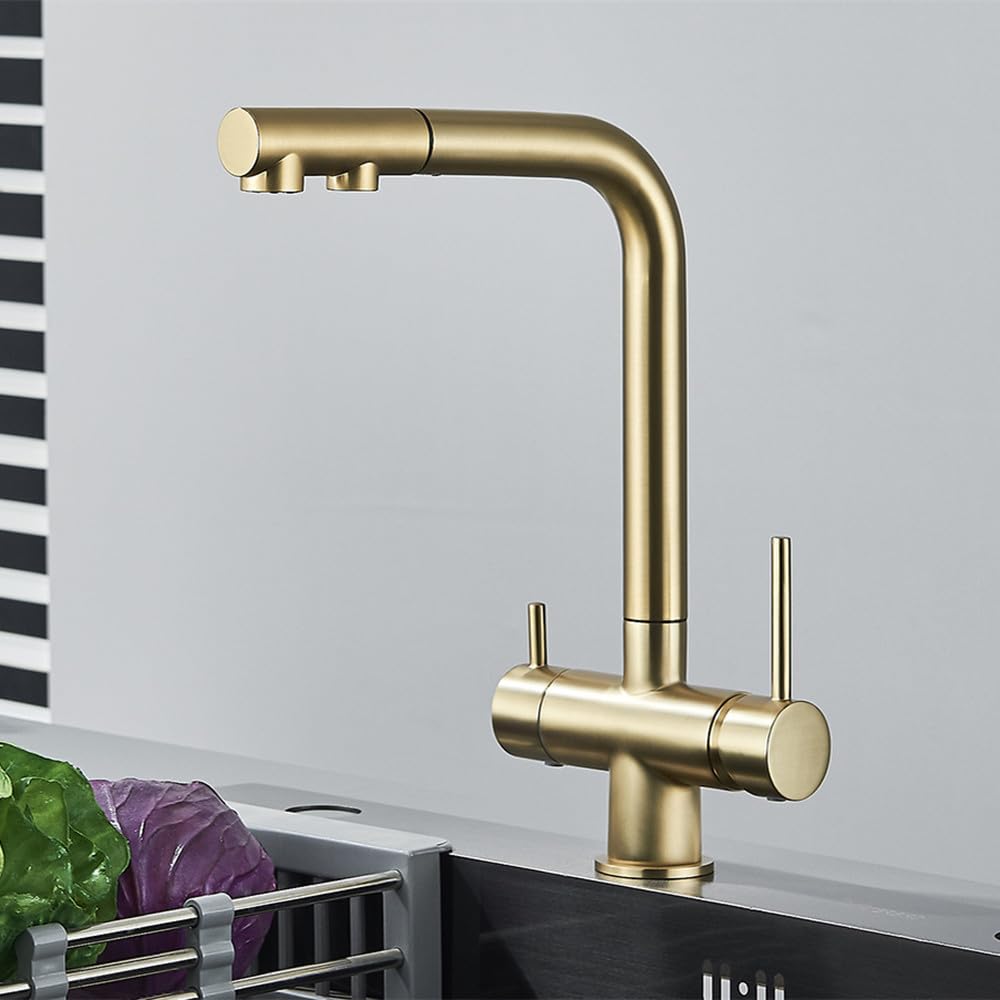 ZQFHSX Brushed Gold Chrome Brass PullOut Kitchen Faucet Dual Handle 3Way Filtered Drinking Water Mixer Tap Hot & Cold Purifin System