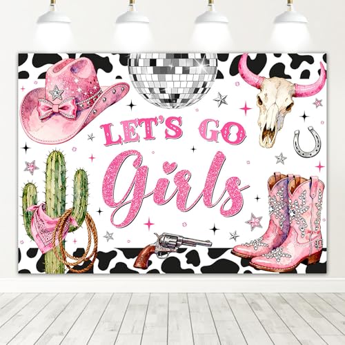 Mocsicka Pink Let's Go Girls Disco Cowgirl Backdrop 7x5ft
