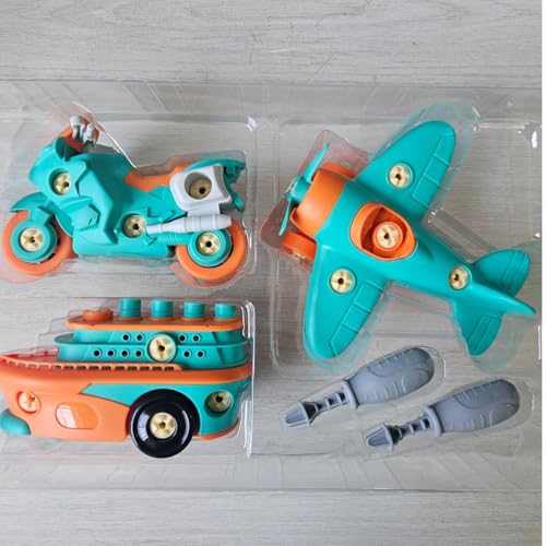 Kit Brinquedo Infantil Avião, Moto e Barco para Montar, Laranja e Azul Turquesa