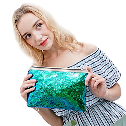Brishow Envelope Type Travel Makeup Bag Portable Clutch Toiletry Bag Cosmetic Makeup Case Mermaid Sequins Organizer Bag with Zipper for Women and Girls (Dark Blue+Gold)