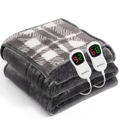 JKMAX Heated Electric Blanket King Size - 100"x90" Flannel Heating Blanket with 10 Heating Levels & 5 Time Settings Over-Heat Protection, Winter Warmer for Adults with ETL Certification(Grey)