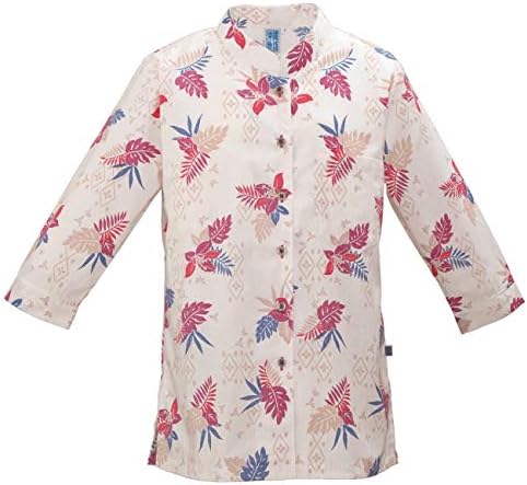 Amazon 沖縄物語 レディースかりゆしウェア 沖縄アロハシャツ 琉球地紋柄 マオカラー七分袖 11号 オフエンジ シャツ ブラウス 通販