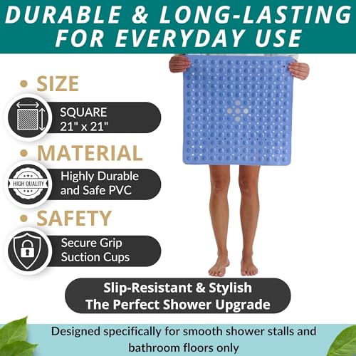 Image of ENKOSI Square Shower Mat - 21 x 21 Inch Non-Slip Bathroom Shower Stall Mat with Suction Cups and Drain Holes - Anti-Slip Bathtub Shower Mats for Inside Shower (21x21 Aqua Blue)