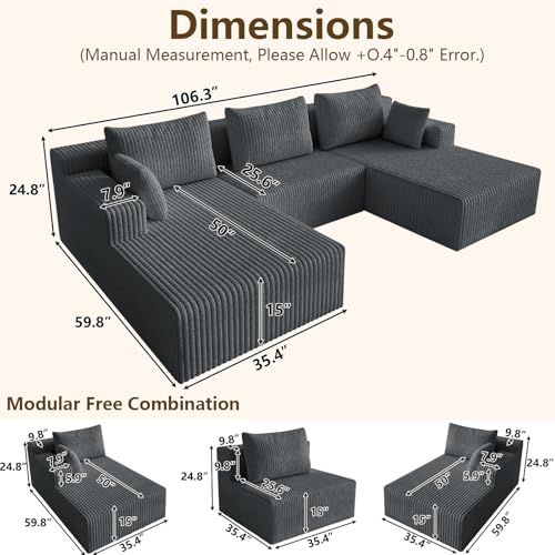 Image of 107 inch Modular Sectional Sleeper Sofa, Boneless Cloud Couch for Living Room, U Shaped 3 Seat Sofa with Deep Seat, Free Combination, Couch in a Box, No Assembly Required (Dark Grey)