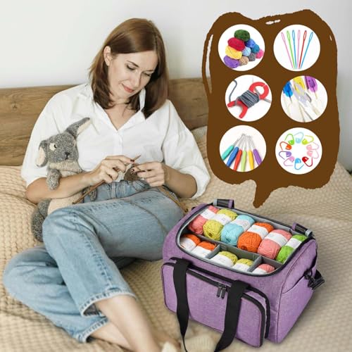 Image of Knitting Bag, Large Capacity Yarn Storage Organizer Tote Bag with Compartments and Pockets for Knitting Needles, Crochet Hooks, Knitting Project and Accessories, Bag Only, Purple