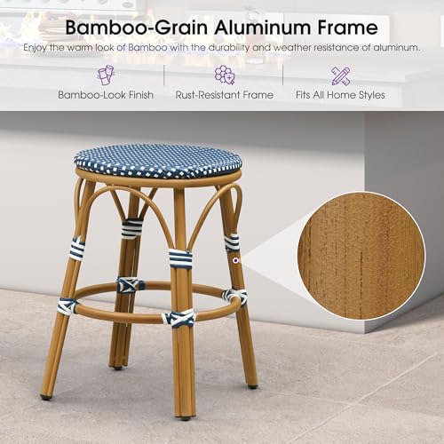 Image of PURPLE LEAF French Patio Round 26 inch Counter Stool Set of 2 Large Handwoven Wicker Rattan Seat Armless Barstools with Bamboo Finish Aluminum Frame for Outdoor Deck Garden Pool Deep Blue