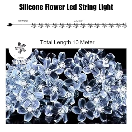Image of One94Store 36 Feet Silicone Cherry Blossom Flower LED Fairy String Lights (36 LEDs) for Diwali Decoration, Home Decor, Window, Balcony, Pooja, Wedding, Christmas & Party, White | Made in India