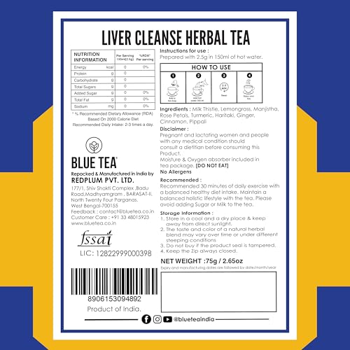 Image of BLUE TEA - Liver Cleanse Tea - 30 Tea Bags - Plant Based | Helps with Fatty Liver Detox | Improves Liver Health | Milk Thistle, Manjistha, Haritaki, Pippali | Caffeine Free - Herbal Tea | Ziplock Pack