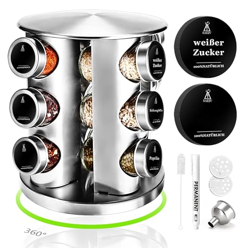 SAEIV 360 Rotation Gewürzregal Stehend | Gewürze drehteller organizer | 12 100ml-Gewürzgläser | Dreifach Gewürzregale Drehbar | Deutsch Gewürzetiketten | Küche Regal | Gewürz Organizer