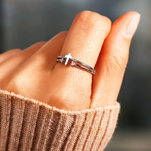 925 Sterling Silver Cross Ring for Women White Cubic Zirconia Cross Chuny Ring for Men Adjustable Stackable Christian Faith Minimalist Religious Baptism Cross Christmas Wedding Jewerly Gift3