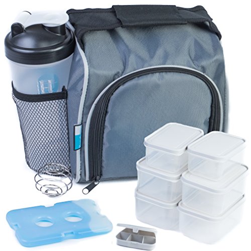 Image of Homely Bliss Meal Prep Lunch Box Cooler All-in-One Kit Including an Insulated Lunch Bag, 6 Portion Control Containers, a 20 oz. Shaker Bottle, a Pill Box, and a FREE Ice Pack.