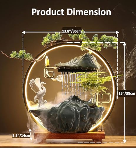 Tabletop Water Fountains Indoor Waterfall Fountain with Mist LED Light Feng Shui Wealth Desk Fountain with Backflow Incense Holder Zen Decor for Meditation (Crane)