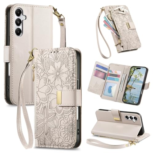 Étui portefeuille Samsung S26 Ultra en cuir beige avec fermeture éclair