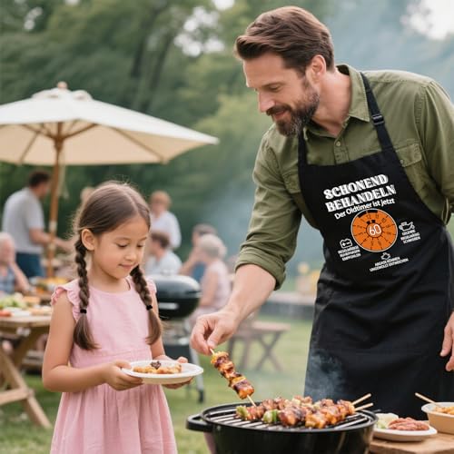 Grillschürze 60 Geburtstag Mann, Küchenschürze als Geschenk zum 60. Geburtstag, Kochschürze für Männer Frauen, Schwarz Schürze Wasserdicht mit Spruch: Schonend Behandeln der Oldtimer ist Jetzt 60