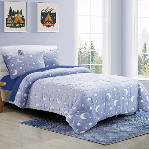 Hombys Glow In The Dark Comforter Set 5 Piece Twin/Twin Xl With Sheets, Blue Velvet Bedding Comforter Sets For Twin Bed, Ultra Soft Down Alternative Comforter For Teenage Boys Kids , Bed In A Bag #TOP1