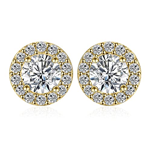 JewelryPalace Classic 1ct Cubic Zirconia Halo Stud Earrings for Women, Round Cut 925 Sterling Silver 14k Yellow Gold Plated Earrings for Her, Simulated Diamond Earrings