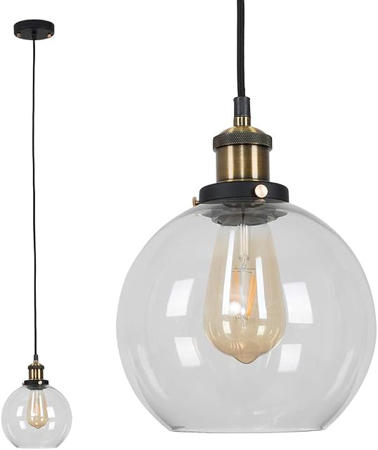 Modern Vintage Black & Gold Steampunk Effect Ceiling Pendant and Clear Glass Globe Arco Drop Down Light Shade Fitting