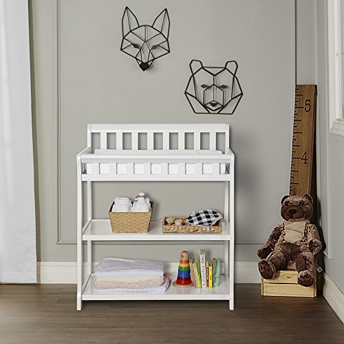 Image of Dream On Me Ashton 2-in-1 Changing Table & Nightstand in White - Solid New Zealand Pinewood, Safety Rails, Spacious Storage Shelves & Water-Resistant Changing Pad, Converts to Nightstand