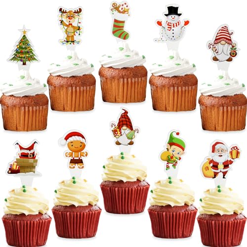 Christmas Cupcake Toppers | 30 Pcs Holiday Set | Xmas Santa, Gingerbread Man, Snowman Designs | Christmas Party Baking Decorations | Xmas Reindeer, Gnome, Elf plus Stocking Cake Toppers | By BASHOUT