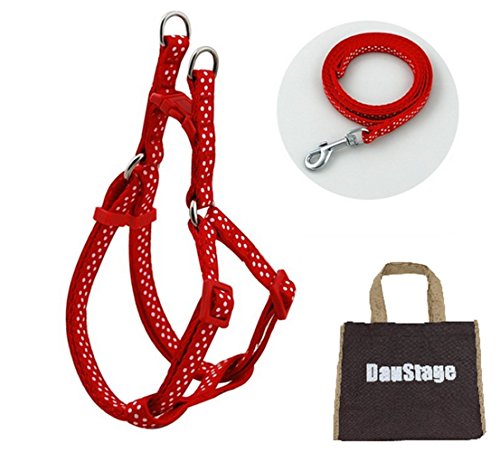 ドット 柄 ハーネス リード セット 【DauStage】 6カラー 小型 犬用 ペットグッズ 首輪 散歩 トートバッグ 付き (06,レッド)