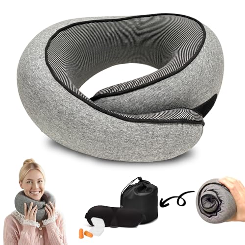 Travel Neck Pillow for Airplane, Adults Memory Foam Travel Neck Pillow, Ergonomic 360° Neck Support for Airplane Car Home Office Sleep, Small Packable Compact Portable Adults Turtle Pillow (Grey)