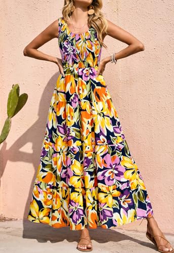 Image of PRETTYGARDEN Smocked Tank Floral Maxi Dresses for Women 2026 Wedding Guest Dress Sleeveless Flowy Long Sundress with Pockets