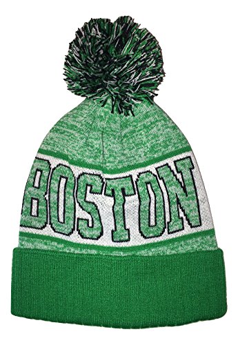 New York Headwear Boston Knit Hat Cuffed with Pom Green, White