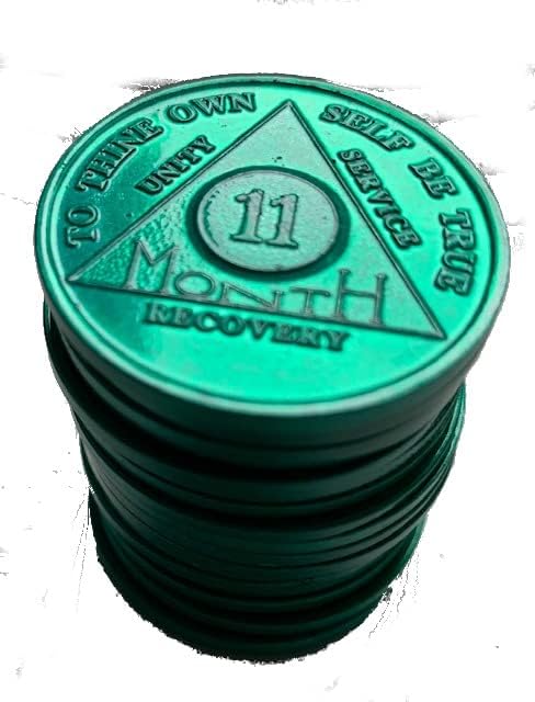 Bulk Roll of 25 chips 11 Month AA Medallions Green Aluminum Sobriety Chips Serenity Prayer Back