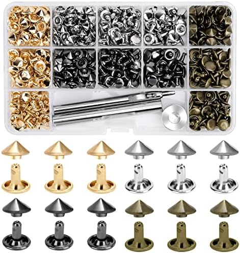 240 Sets Cone Rivets 9mm Size Double Cap Punk Cone Studs 4Colors Brass Rivet Kit with Setting Tools for Leather Craft/Bags/Jacket/Design Sample/Metal Pattern Decoration (Cone Rivet Cap 9mm)