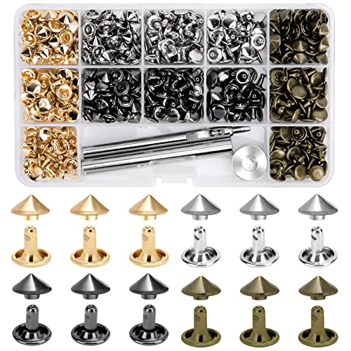 240 Sets Cone Rivets 9Mm Size Double Cap Punk Cone Studs 4Colors Brass Rivet Kit With Setting Tools For Leather Craft/Bags/Jacket/Design Sample/Metal Pattern Decoration (Cone Rivet Cap 9Mm) #TOP3