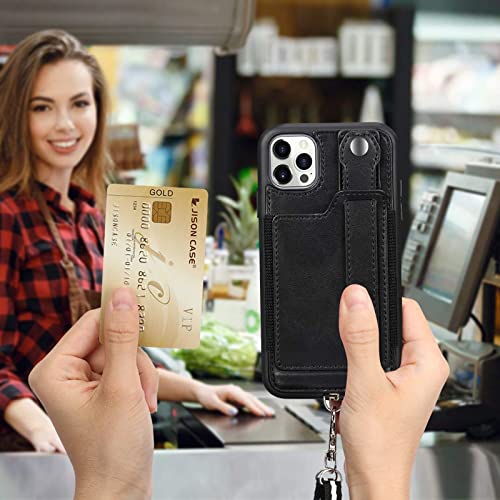 Toovren Iphone 12/12 Pro Case, Compatible With 12/12 Pro Wallet Case With Kickstand Card Holder Adjustable Detachable Necklace, Cell Phone 12/12 Pro Lanyard For Iphone 6.1 Inch 5G 2020 Black #TOP4