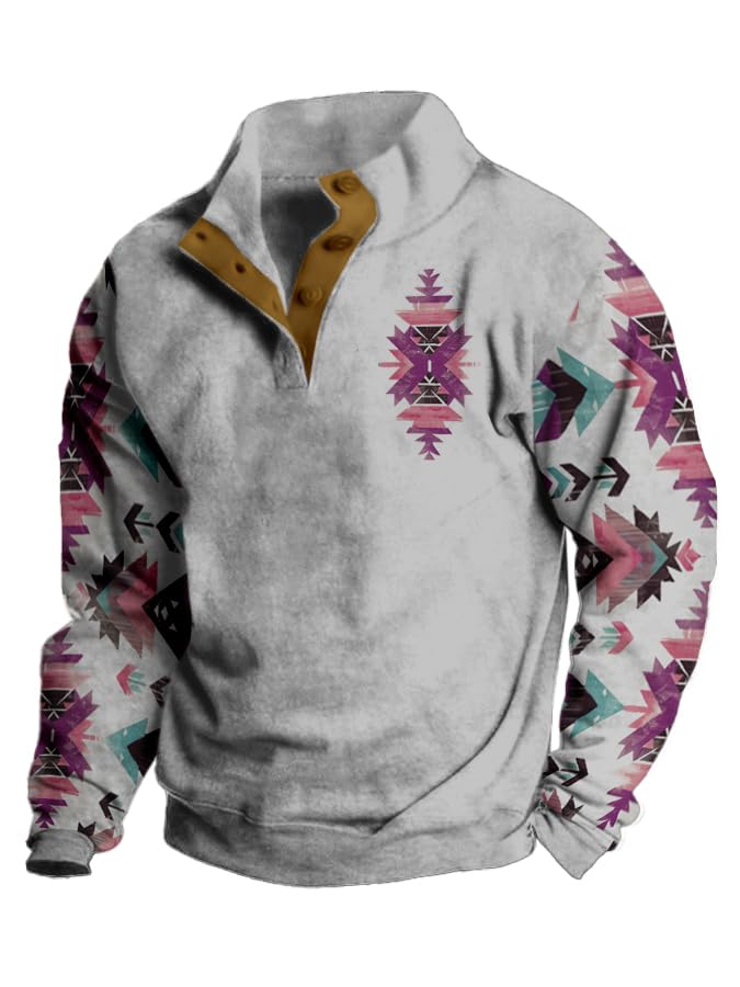 Mens Aztec Sweater Cowboy Vintage Graphic Western Hoodies Long Sleeve Button Up Pullover Western Sweatshirt Plus Size
