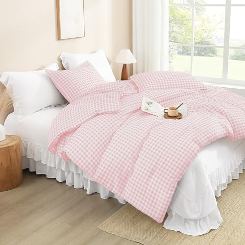 Image of Andency Pink Gingham Comforter Set Twin(66x90Inch), Blush Checkered Grid Plaid Buffalo Bed Set for Girls Boys Kids Teens, 2 Pieces Lightweight Polyester Geometric Preppy Bedding