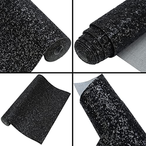 Image of Black Chunky Glitter Fabric Roll 12 x 52 inch Shiny Solid Color Halloween Faux Leather for Making Bows Earrings Crafts (16013#1)